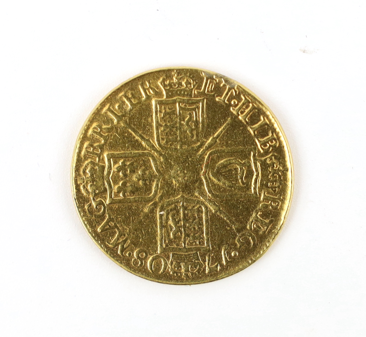 British Gold coins, Anne guinea, 1708, second bust, plugged, otherwise VG or better (S3572)